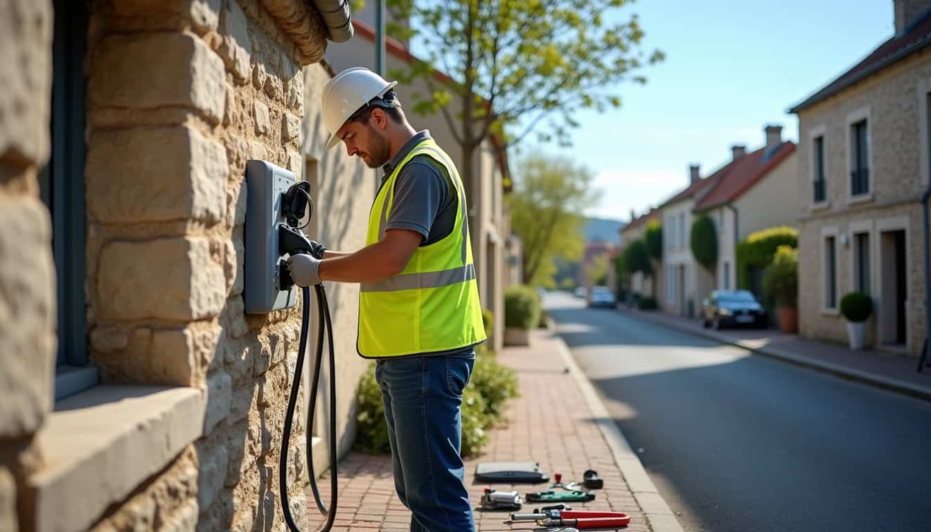 Technicien en train d'installer une borne de recharge à Sainte-Lizaigne