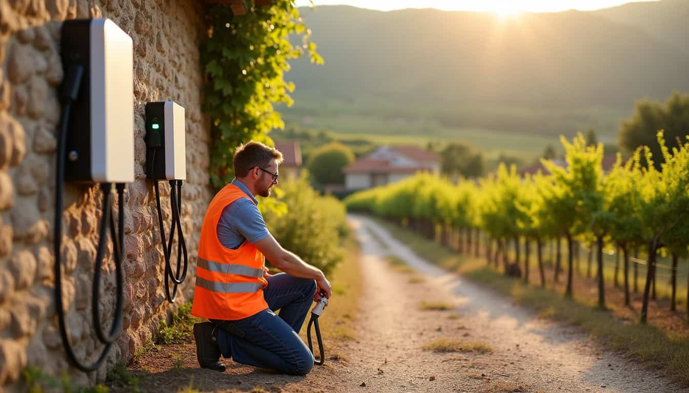 Technicien en train d'installer une borne de recharge à Vinsobres