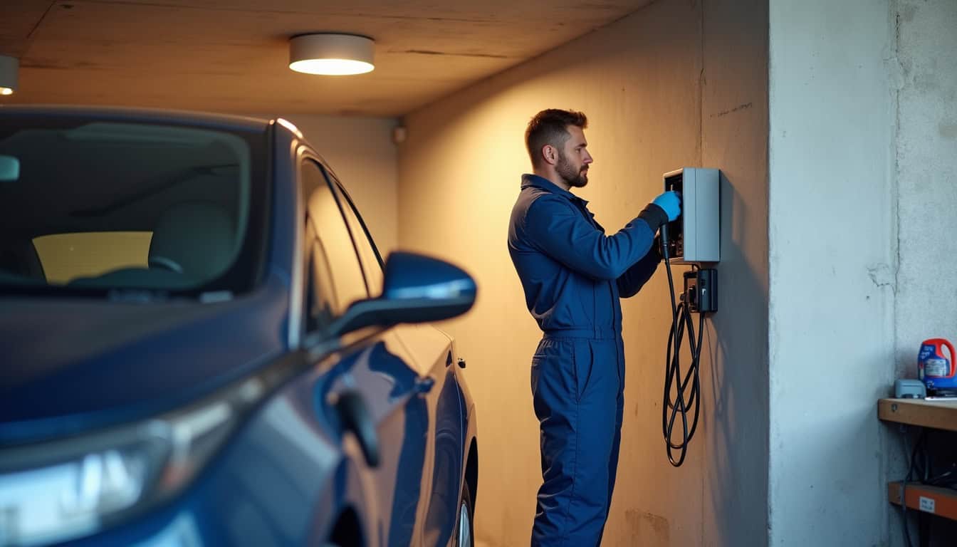 Technicien en train d'installer une borne de recharge dans un garage à Cesson-Sévigné