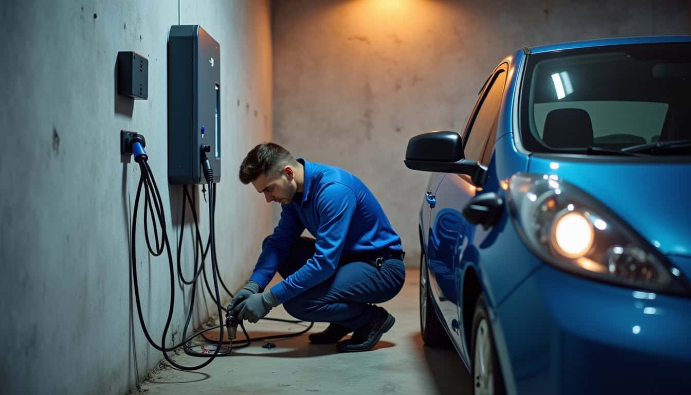 Technicien en train d'installer une borne de recharge dans un garage à Choisy-en-Brie