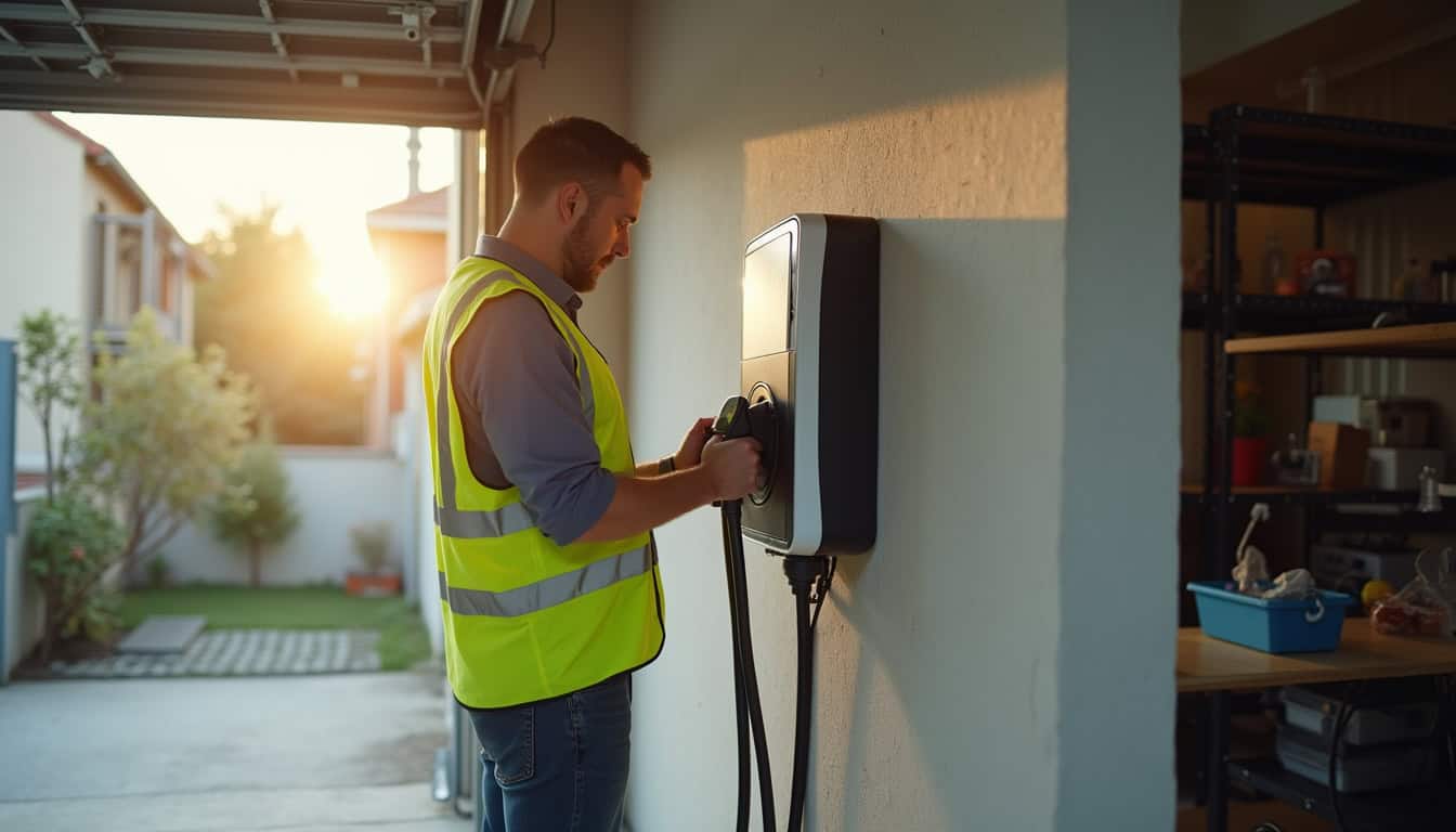 Technicien en train d'installer une borne de recharge dans un garage à Échiré