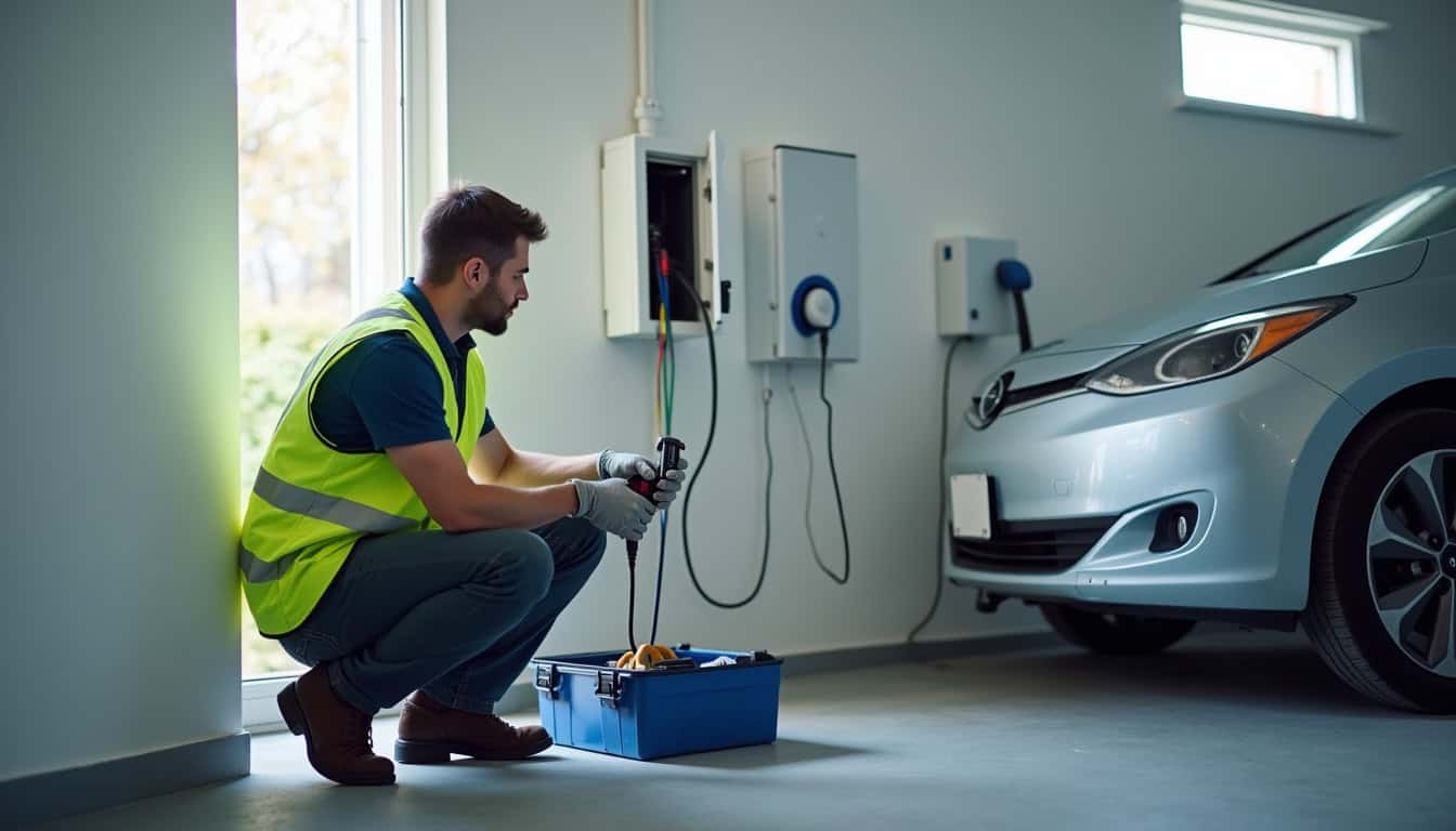 Technicien en train d'installer une borne de recharge dans un garage à Hermanville-sur-Mer
