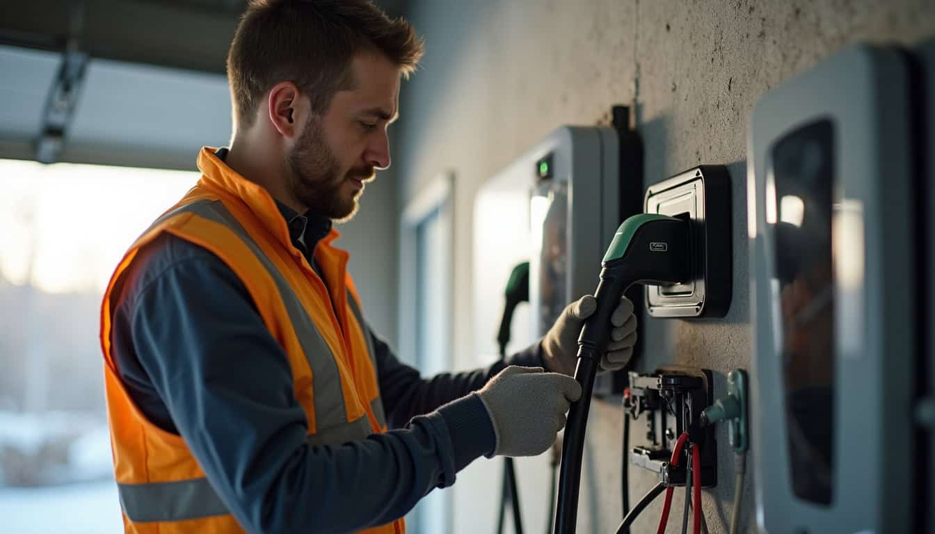 Technicien en train d'installer une borne de recharge dans un garage à Kogenheim
