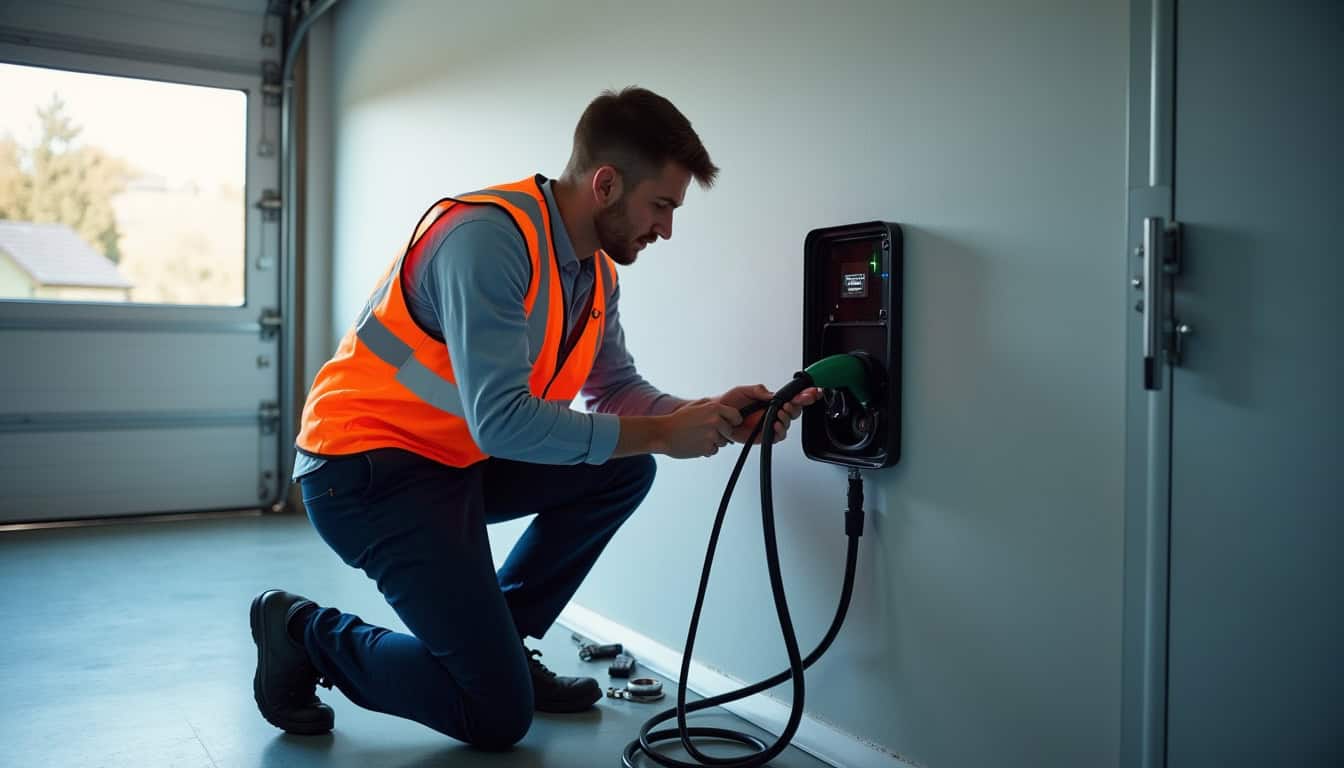 Technicien en train d’installer une borne de recharge dans un garage à La Garde