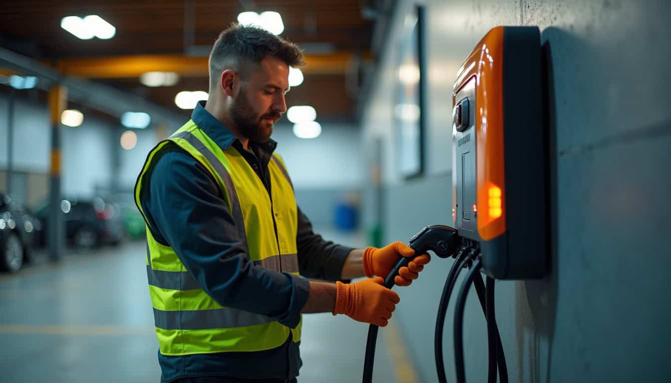 Technicien en train d'installer une borne de recharge dans un garage à Lalbenque