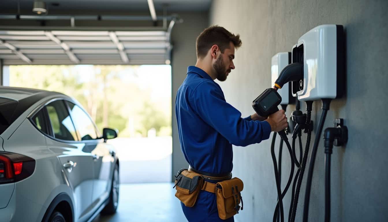 Technicien en train d’installer une borne de recharge dans un garage à Molsheim