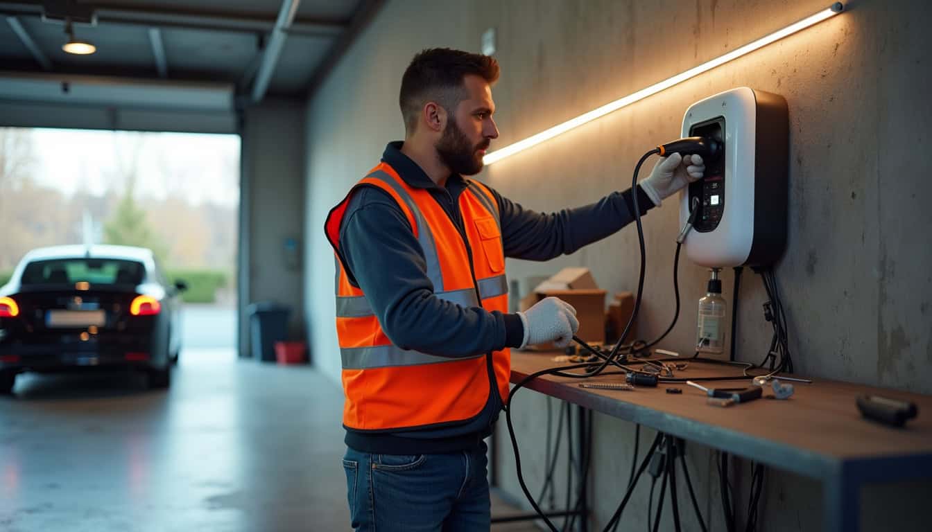 Technicien en train d’installer une borne de recharge dans un garage à Neyron