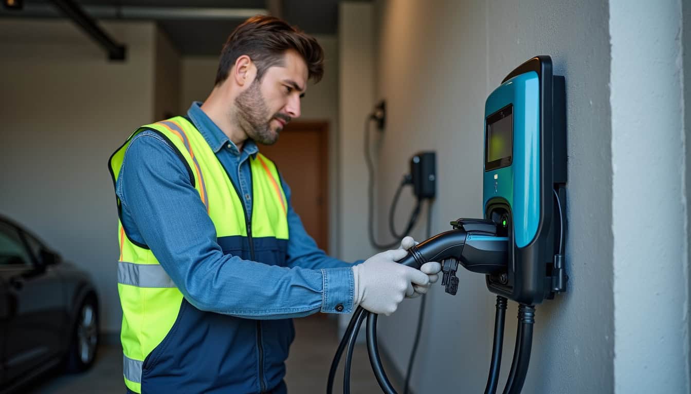 Technicien en train d'installer une borne de recharge dans un garage à Nézel
