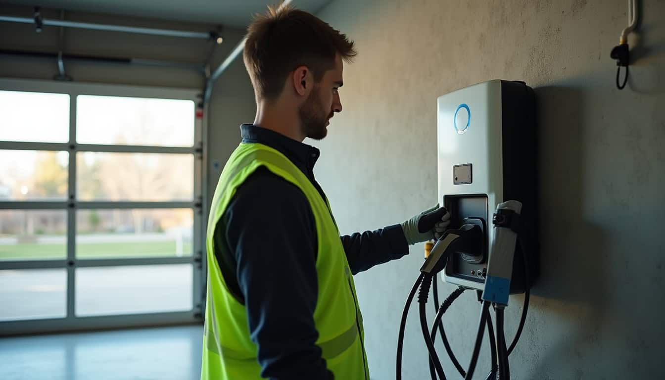 Technicien en train d’installer une borne de recharge dans un garage à Palinges