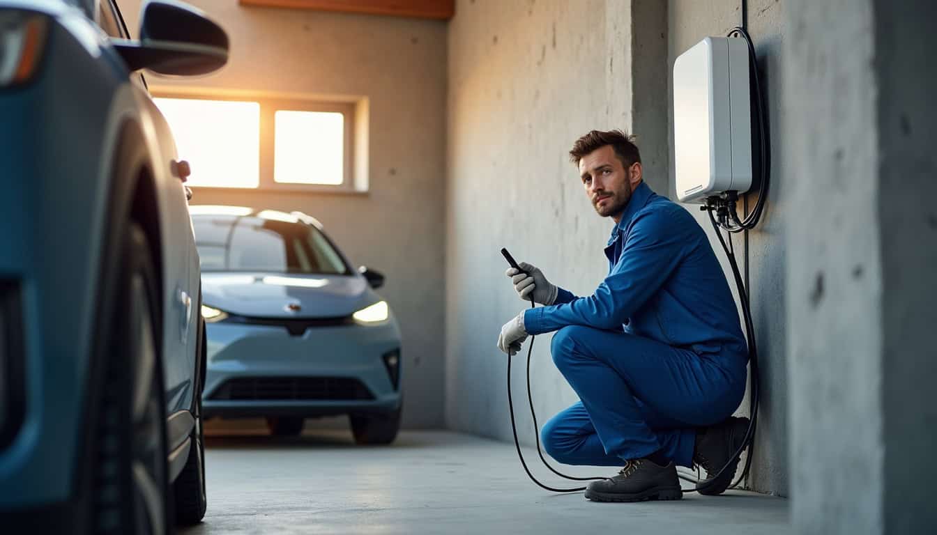 Technicien en train d’installer une borne de recharge dans un garage à Saint-Didier-au-Mont-d’Or