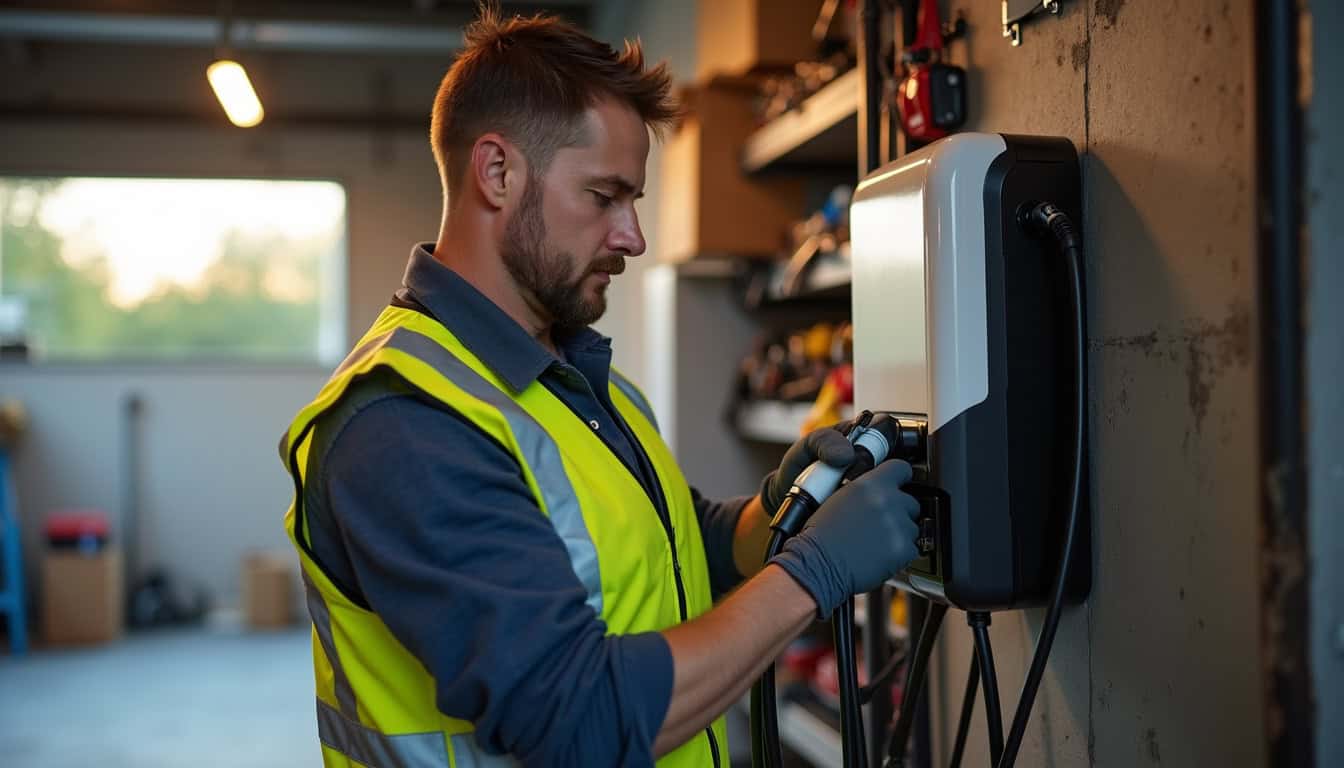 Technicien en train d'installer une borne de recharge dans un garage privé