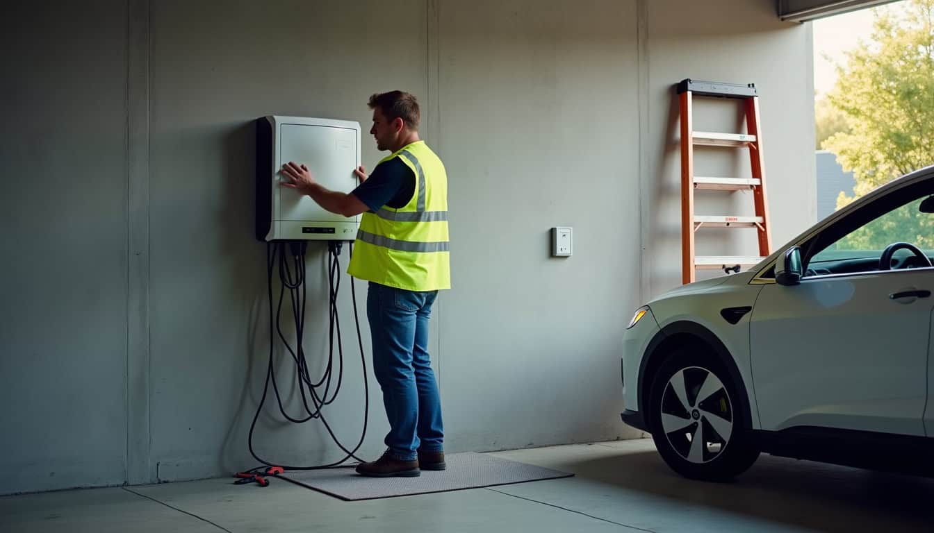 Technicien en train d’installer une borne de recharge dans un garage