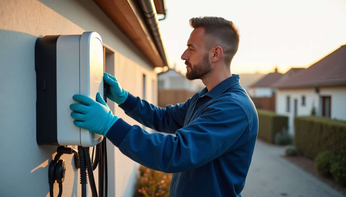 Technicien en train d’installer une borne de recharge dans une maison à Bavent