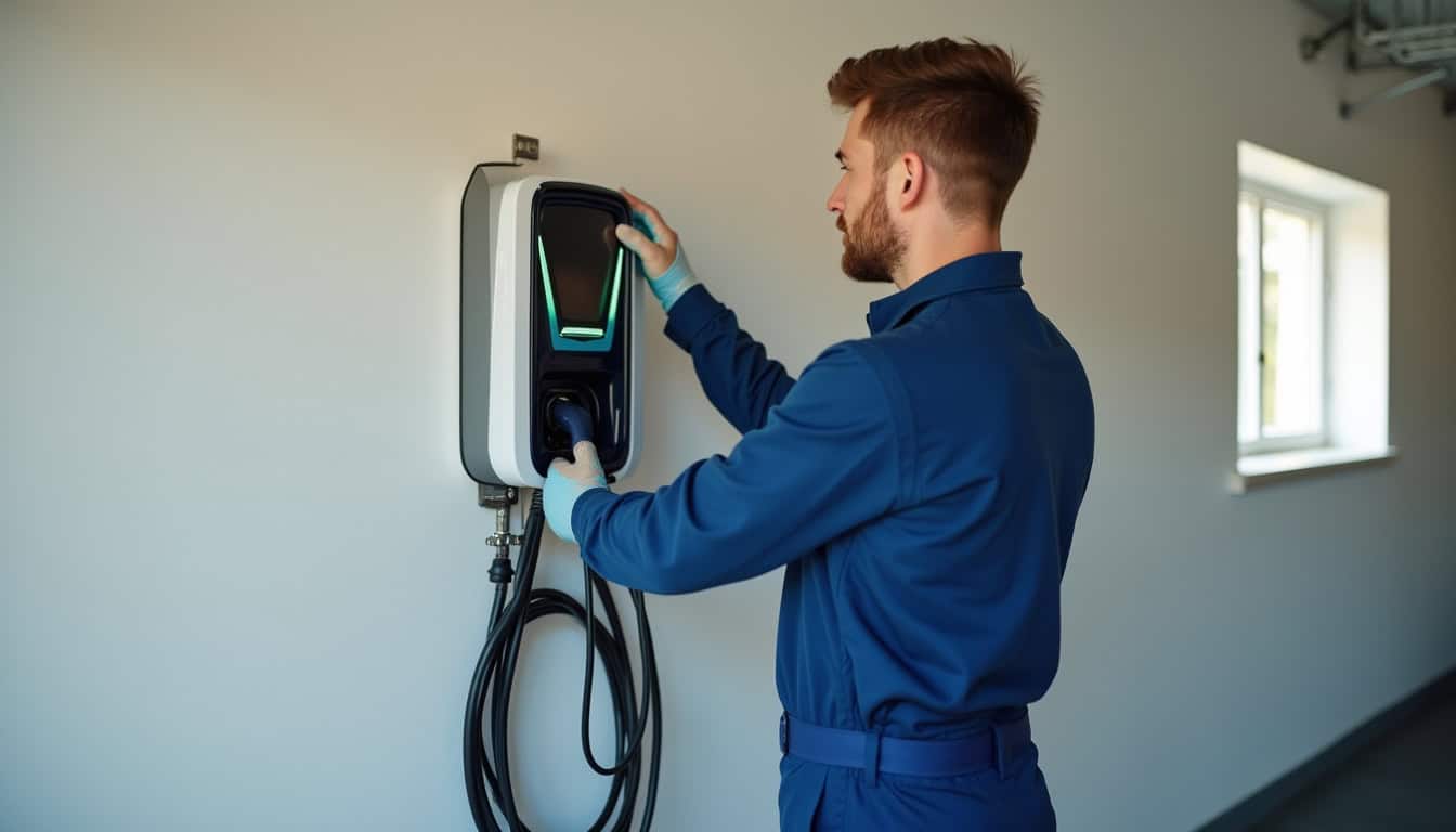 Technicien en train d'installer une borne de recharge dans une maison à Haute-Goulaine
