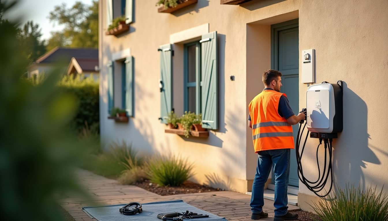 Technicien en train d’installer une borne de recharge électrique à Aigné