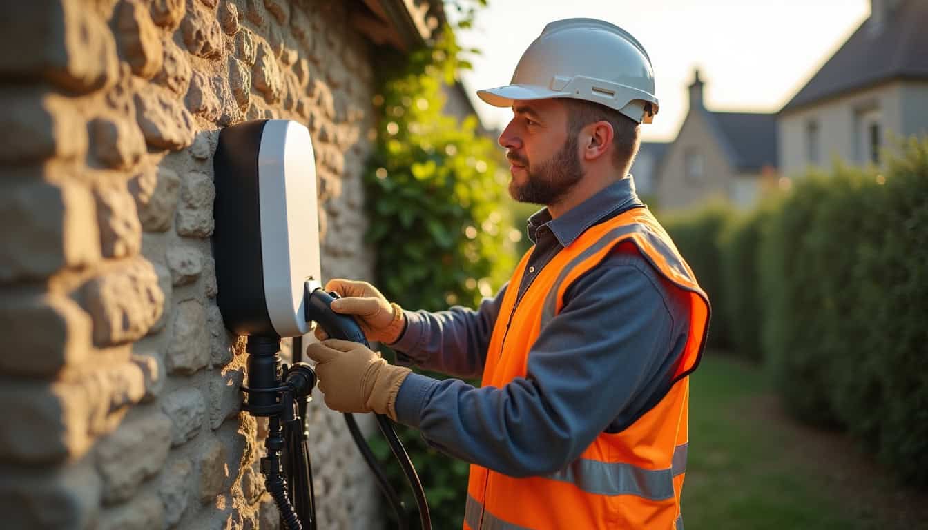 Technicien en train d'installer une borne de recharge électrique à Allaire