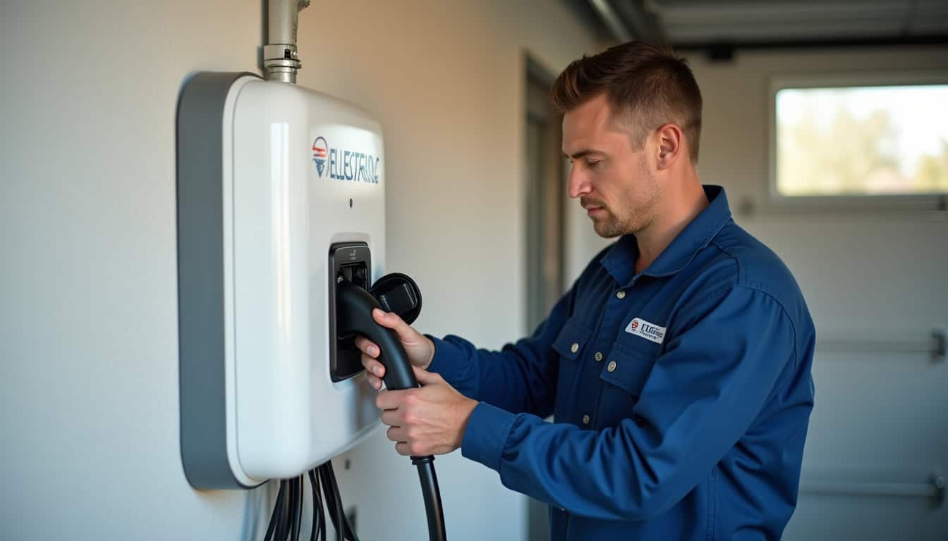 Technicien en train d'installer une borne de recharge électrique à Amiens