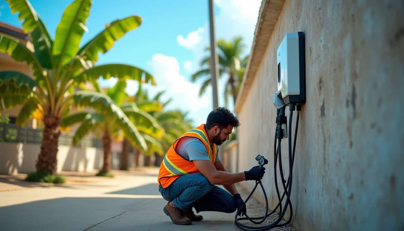 Technicien en train d’installer une borne de recharge électrique à Anse-Bertrand