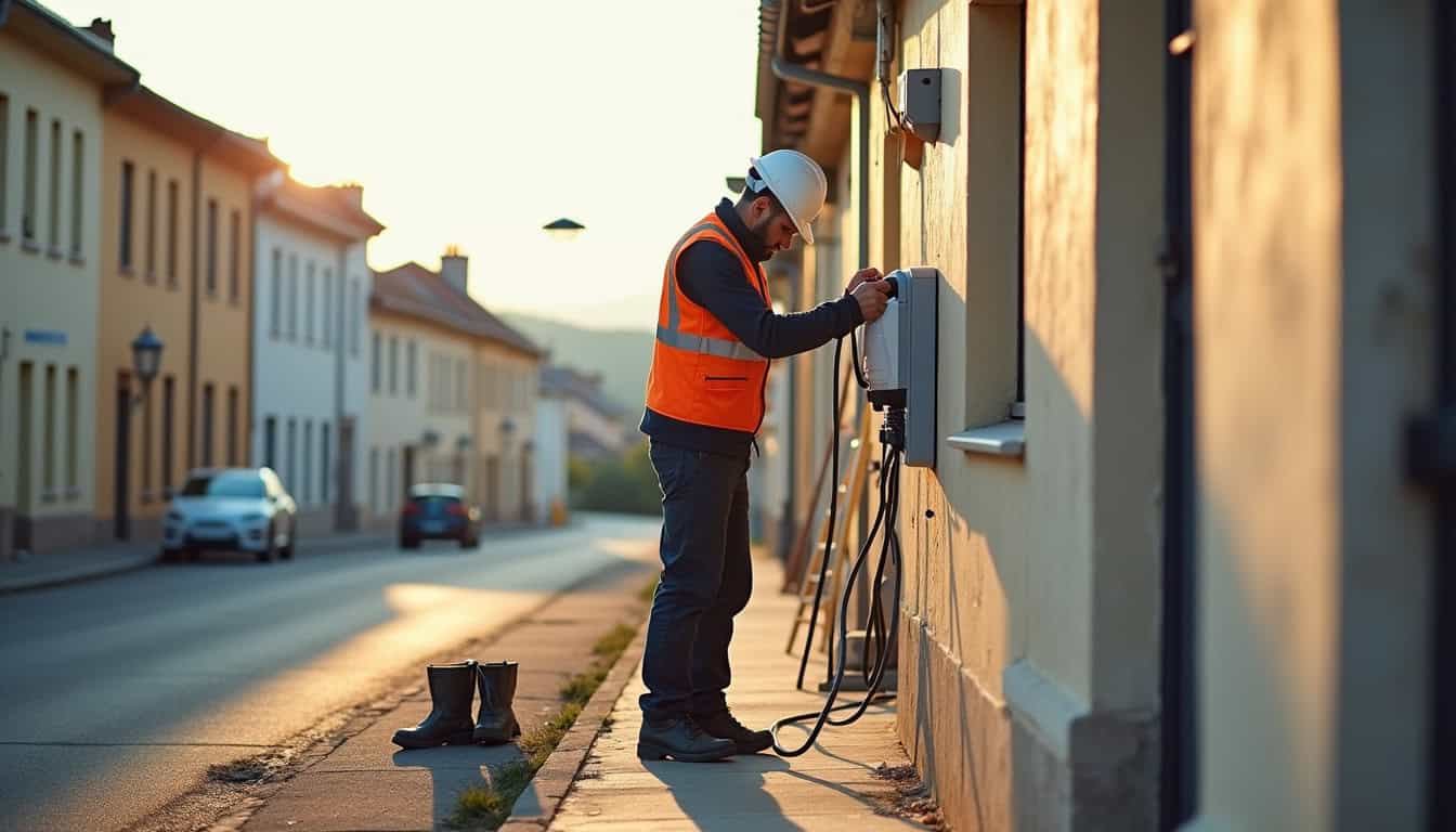 Technicien en train d'installer une borne de recharge électrique à Castets, vue d'ensemble du chantier