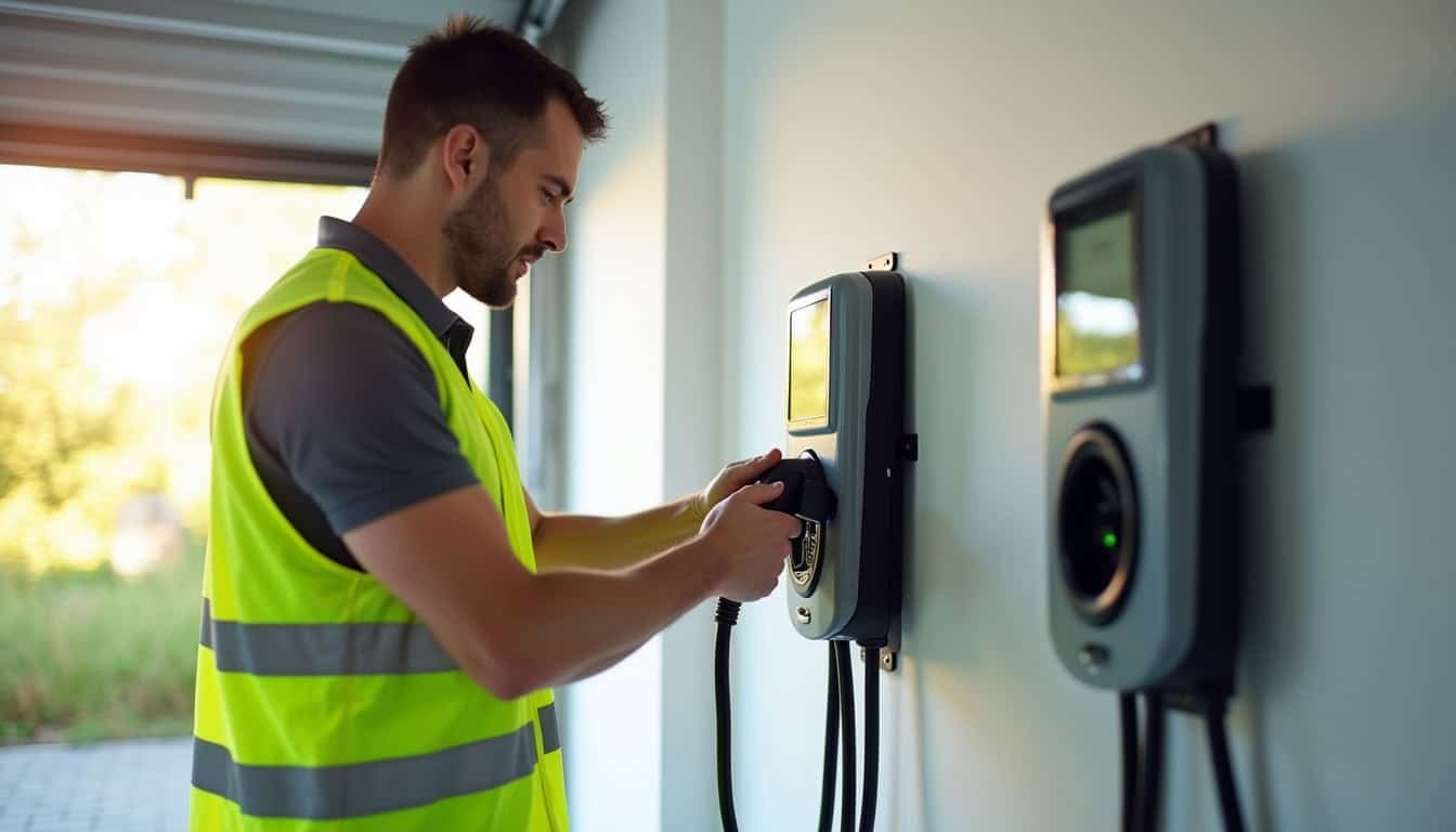 Technicien en train d'installer une borne de recharge électrique à Cervens