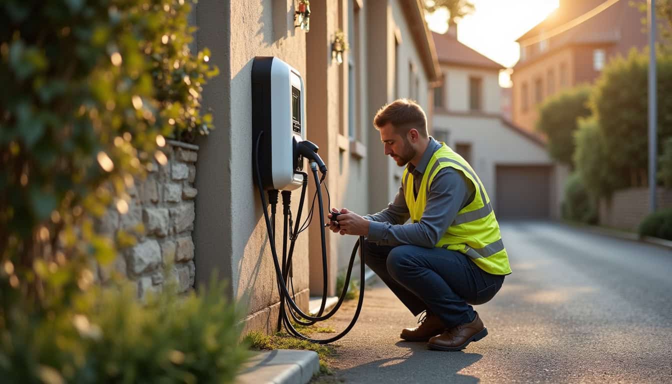 Technicien en train d'installer une borne de recharge électrique à Chançay