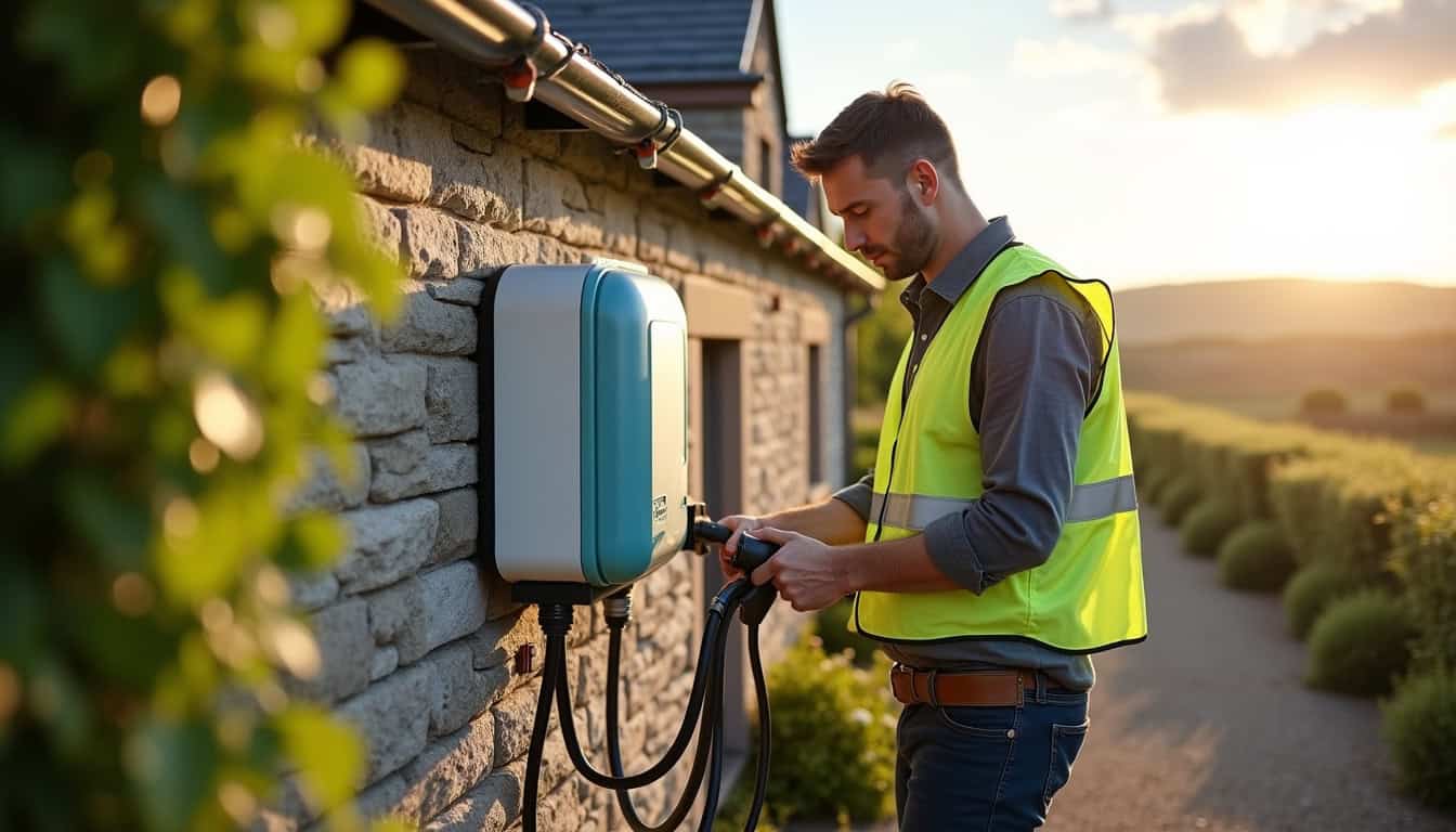 Technicien en train d'installer une borne de recharge électrique à Coëtmieux