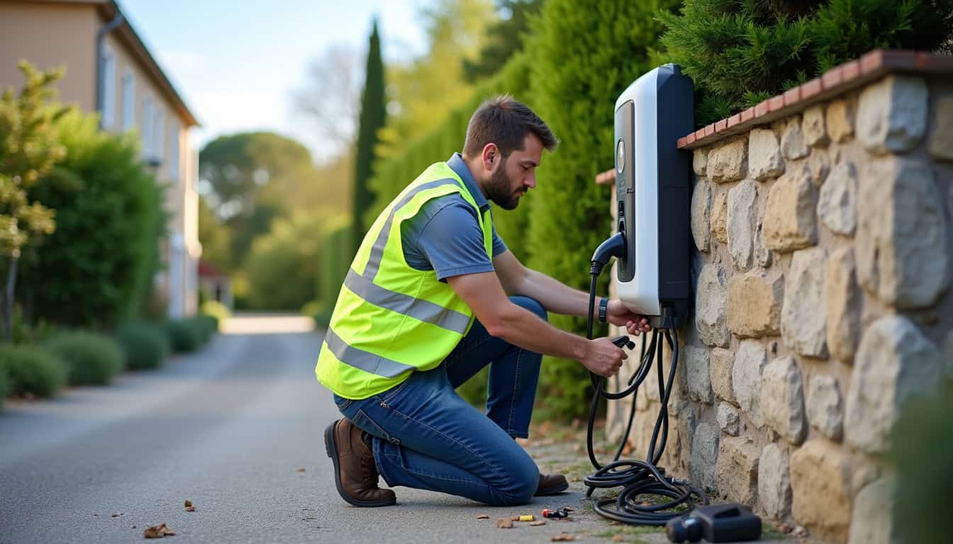 Technicien en train d’installer une borne de recharge électrique à Crosmières