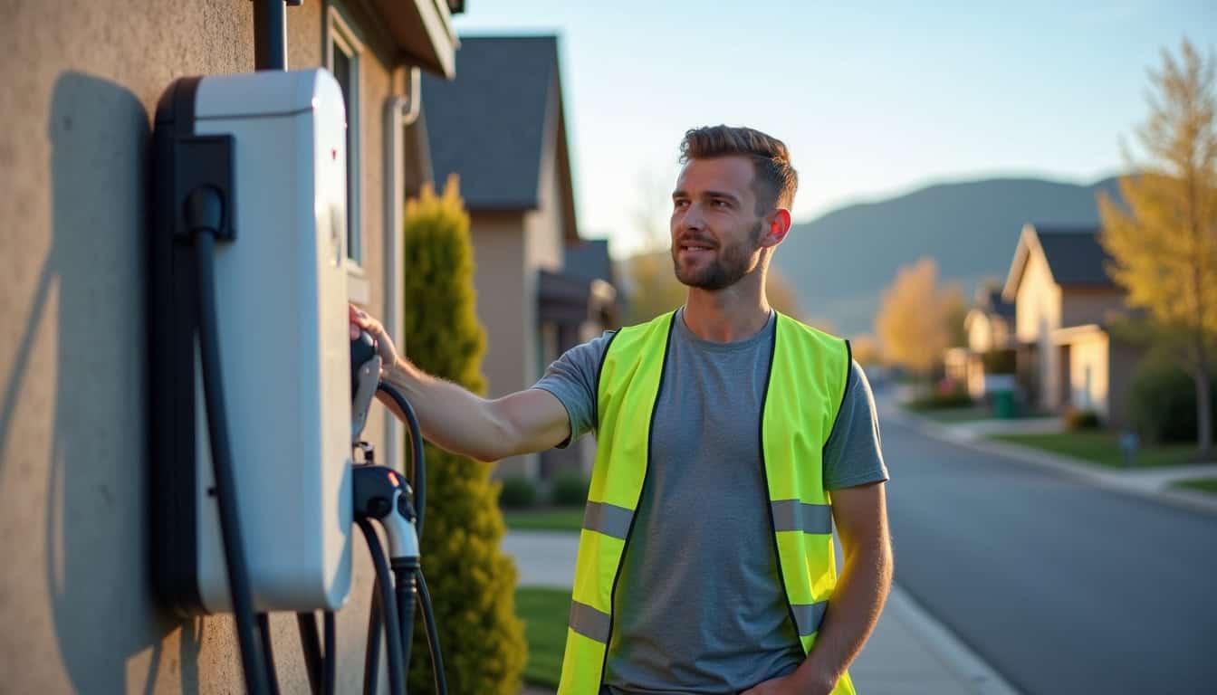 Technicien en train d’installer une borne de recharge électrique à Crozet
