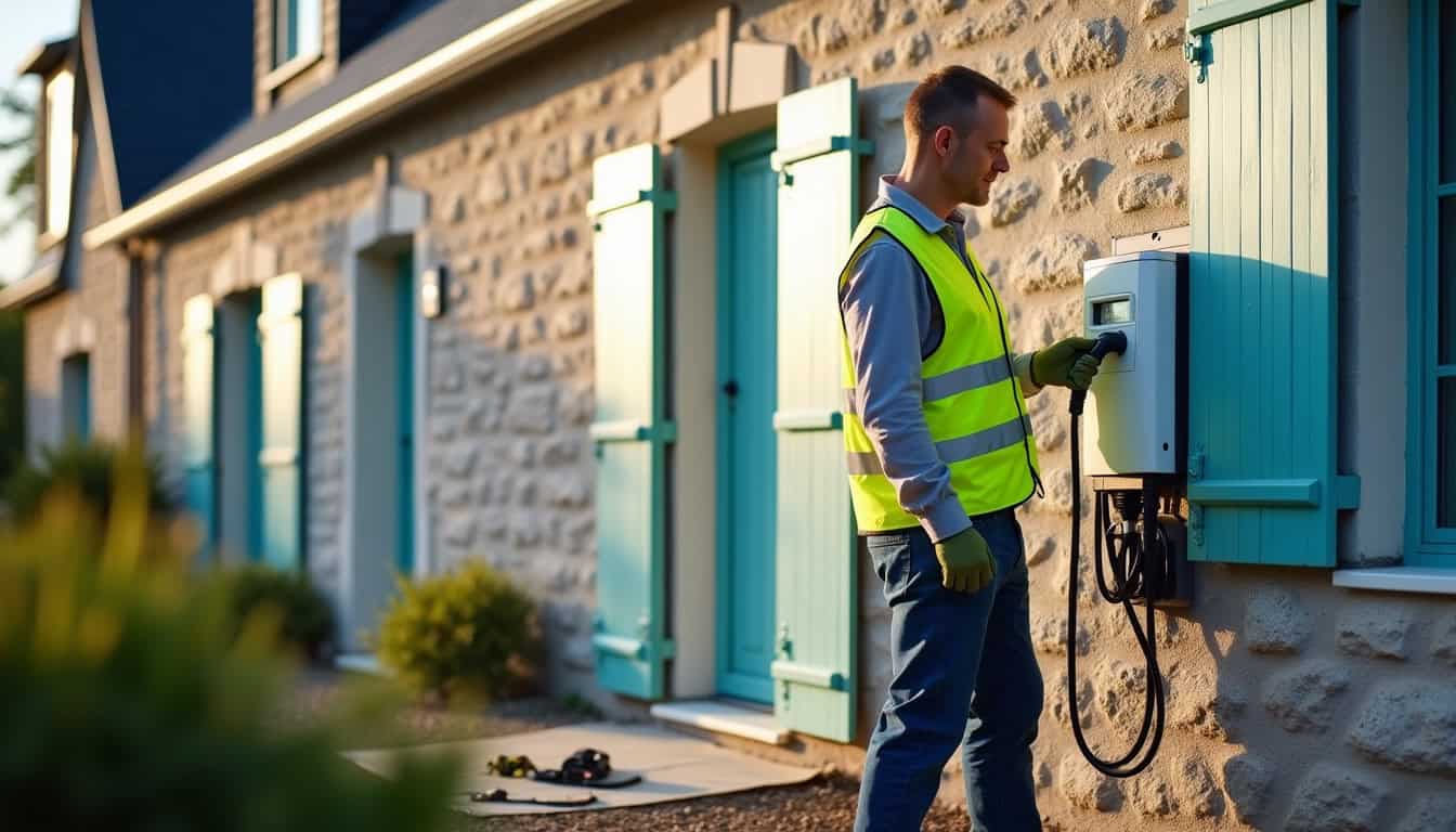 Technicien en train d'installer une borne de recharge électrique à Dieppe