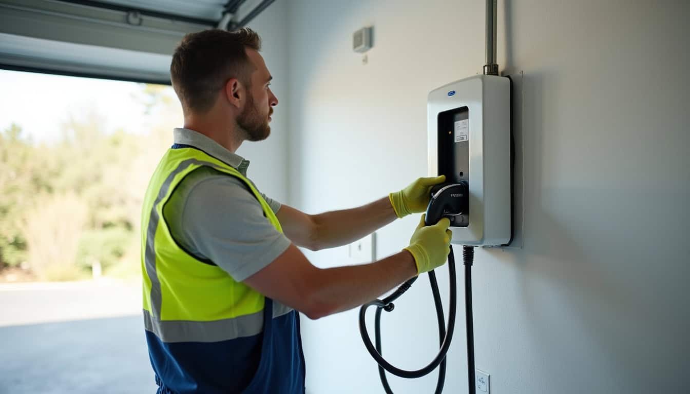 Technicien en train d’installer une borne de recharge électrique à Fresnes, en respectant les normes de sécurité