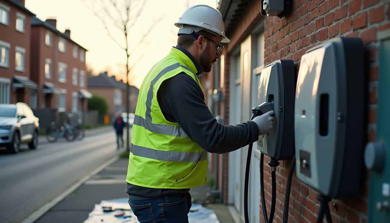 Technicien en train d'installer une borne de recharge électrique à Grande-Synthe