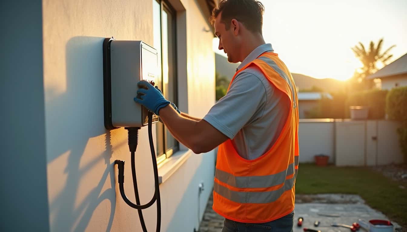 Technicien en train d'installer une borne de recharge électrique à Gros-Morne