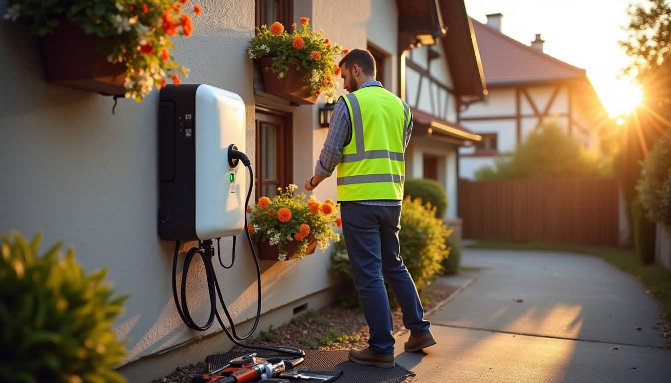 Technicien en train d'installer une borne de recharge électrique à Grosbliederstroff
