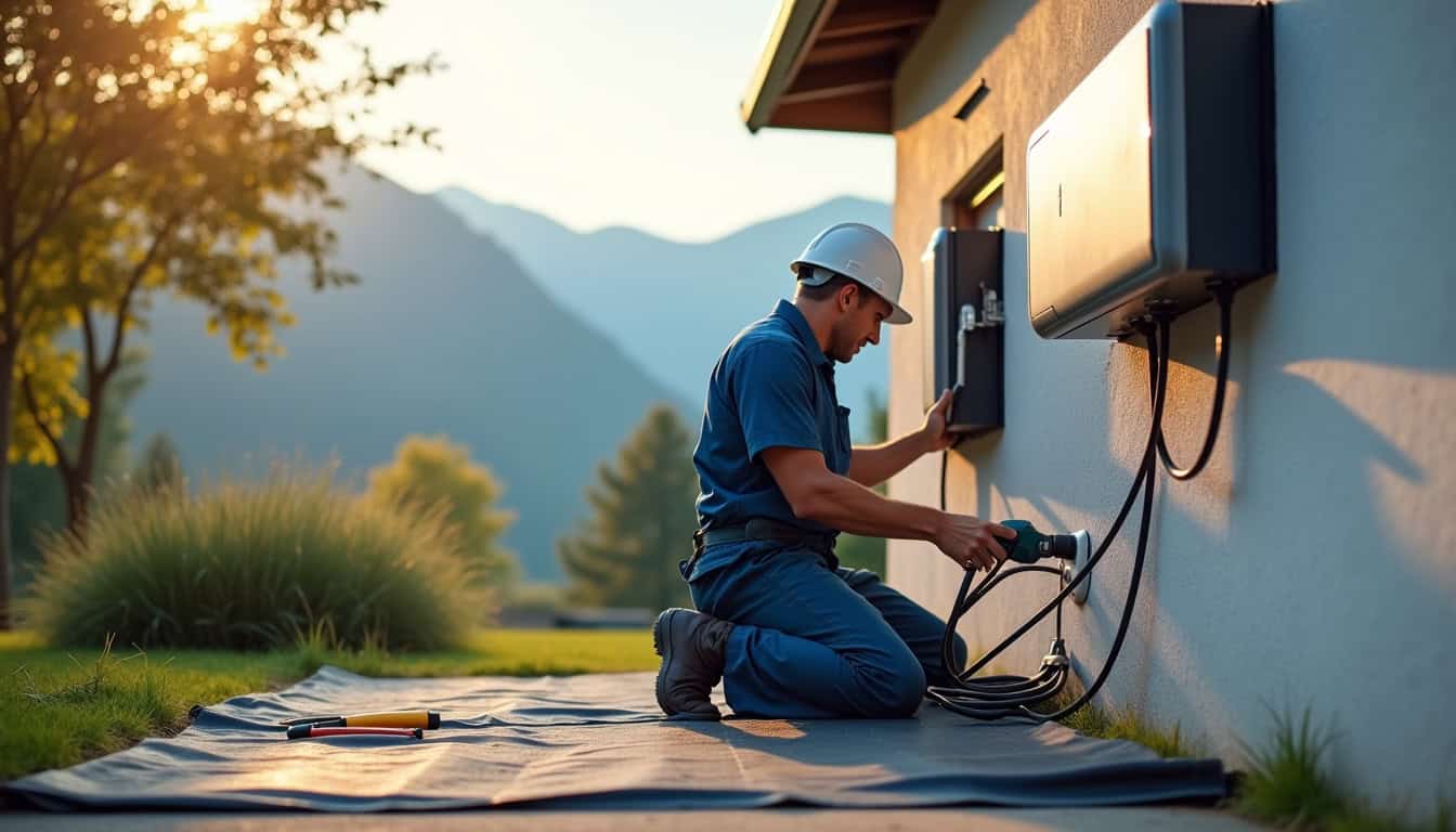 Technicien en train d'installer une borne de recharge électrique à Heugas