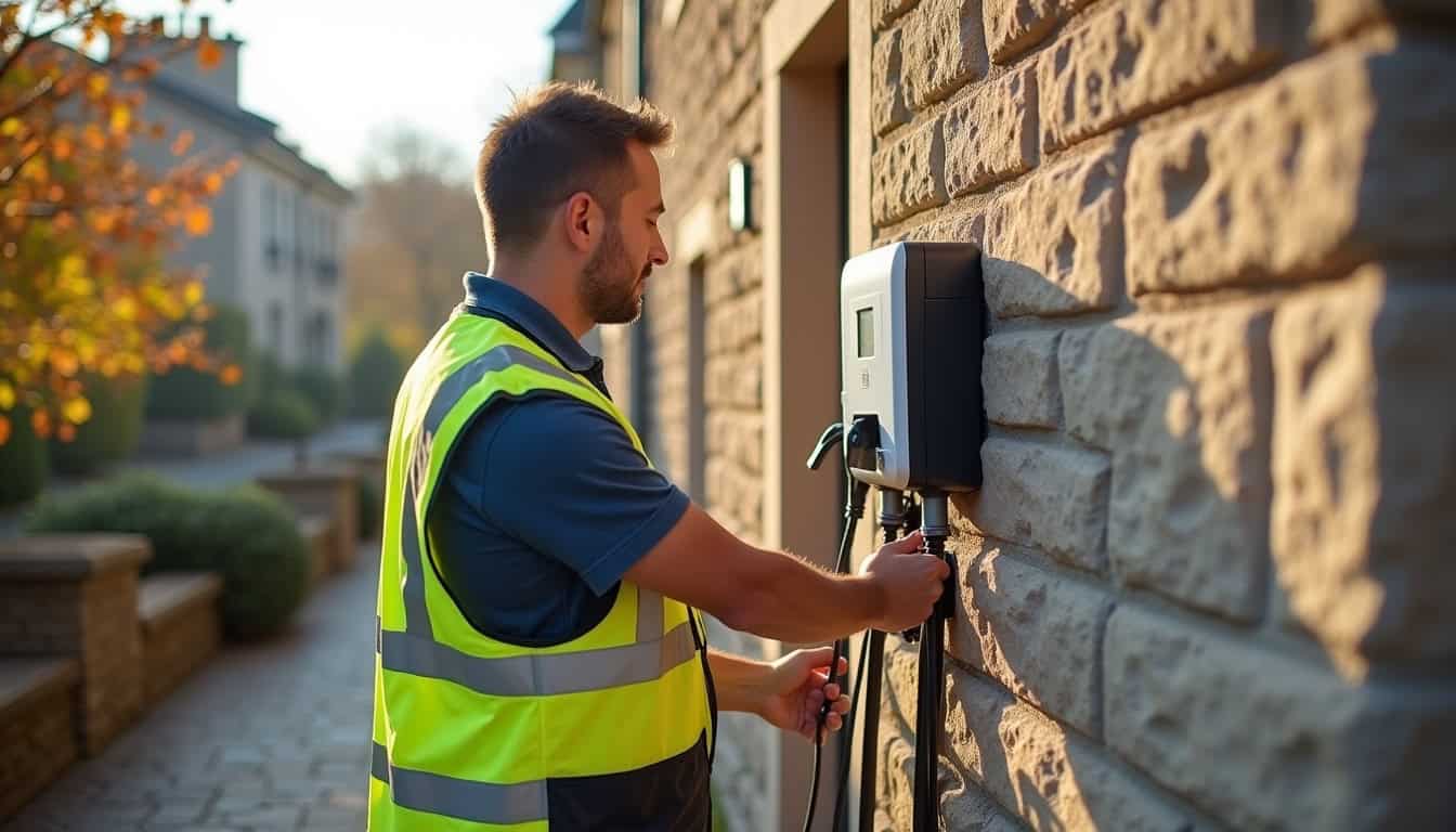 Technicien en train d'installer une borne de recharge électrique à La Brède
