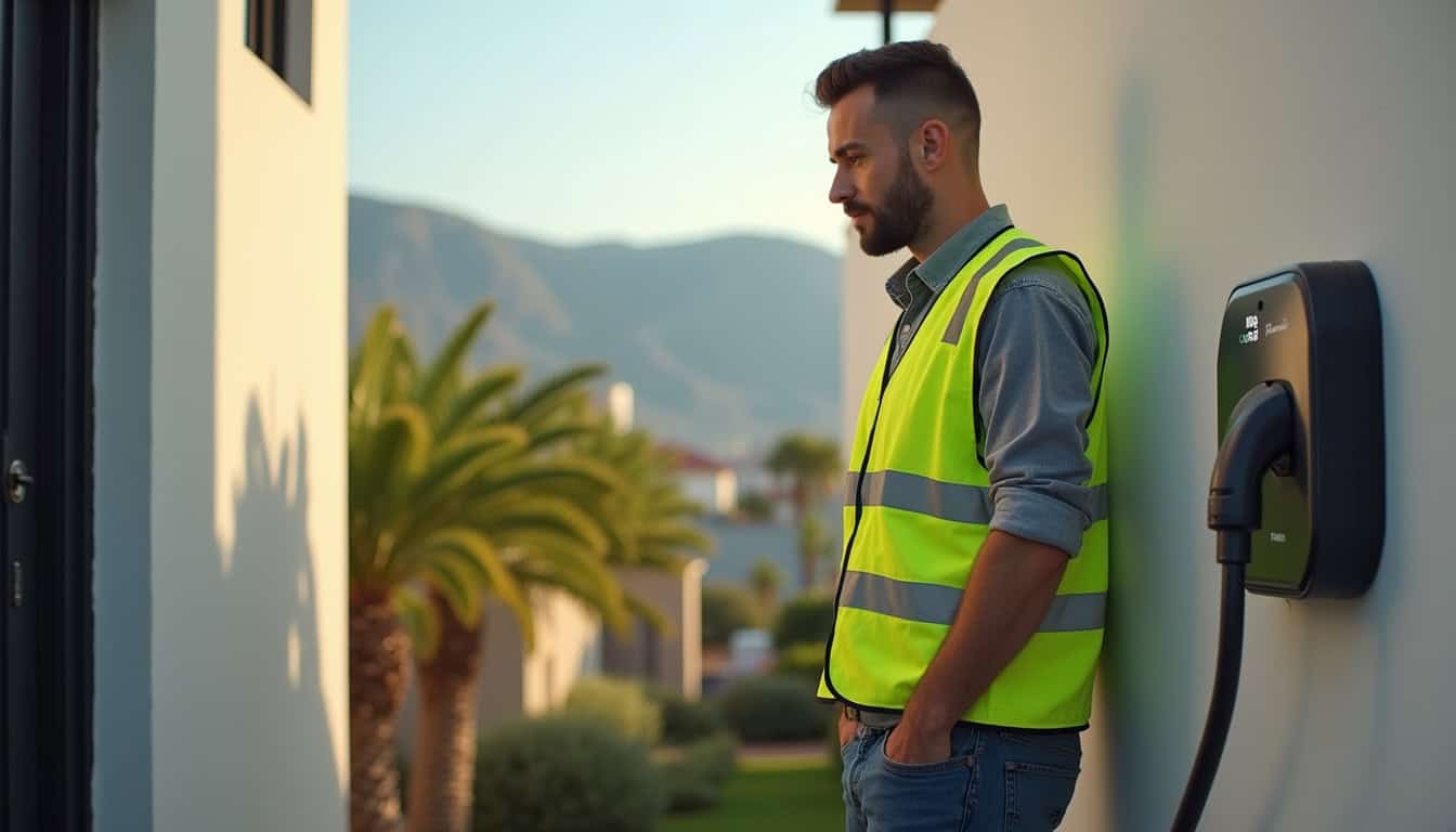 Technicien en train d'installer une borne de recharge électrique à La Possession