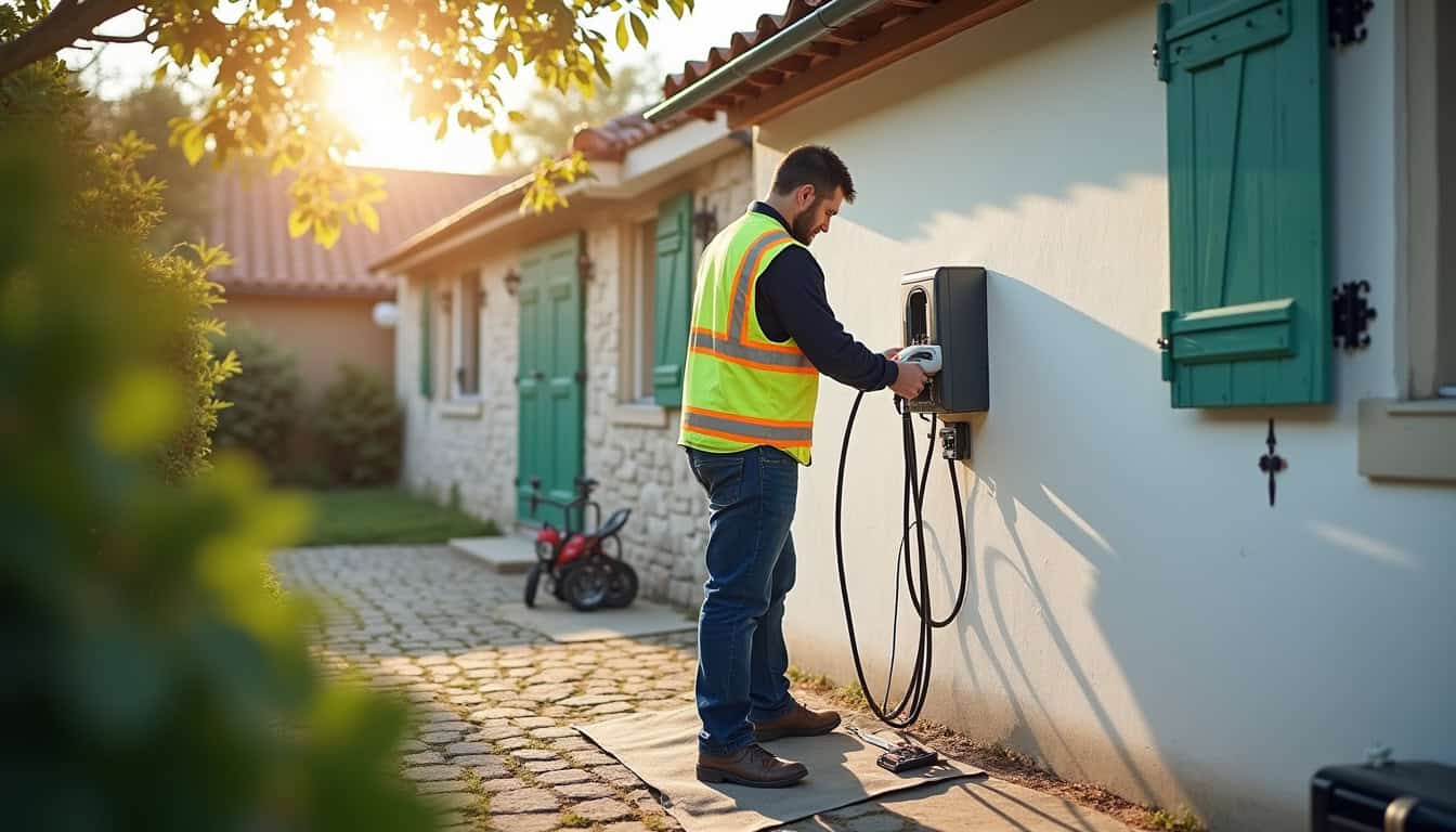 Technicien en train d’installer une borne de recharge électrique à Lachapelle-sous-Aubenas