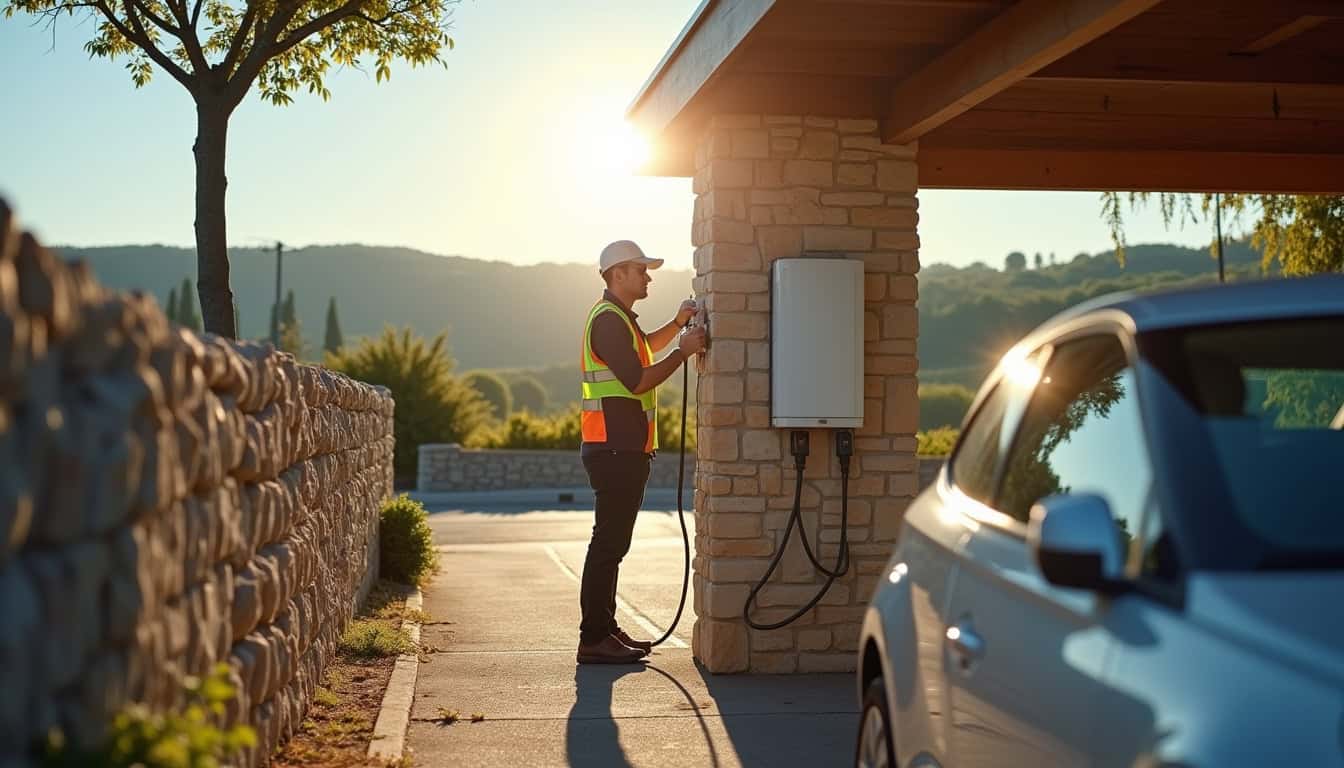 Technicien en train d’installer une borne de recharge électrique à Larçay