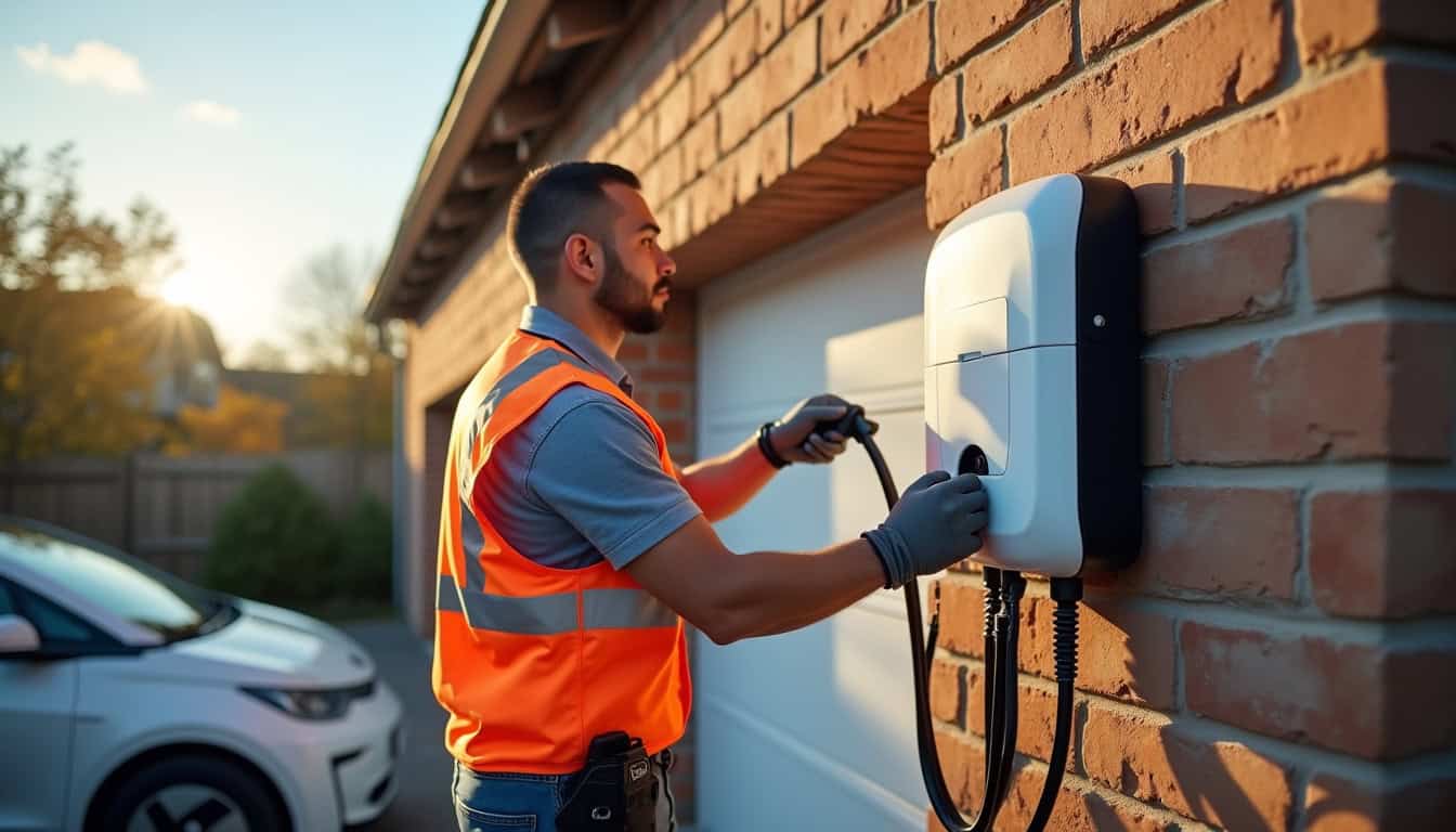Technicien en train d'installer une borne de recharge électrique à Le Coudray-Montceaux