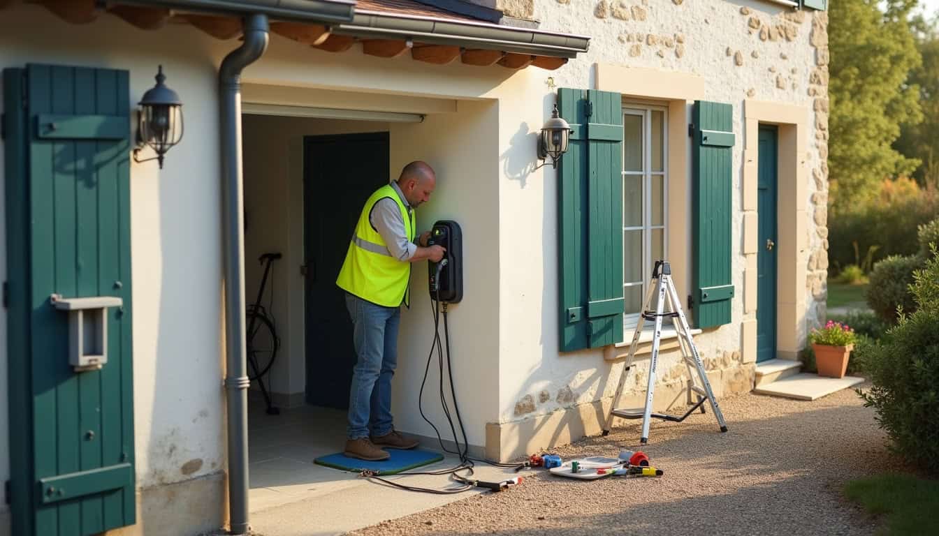 Technicien en train d'installer une borne de recharge électrique à Le Temple-sur-Lot