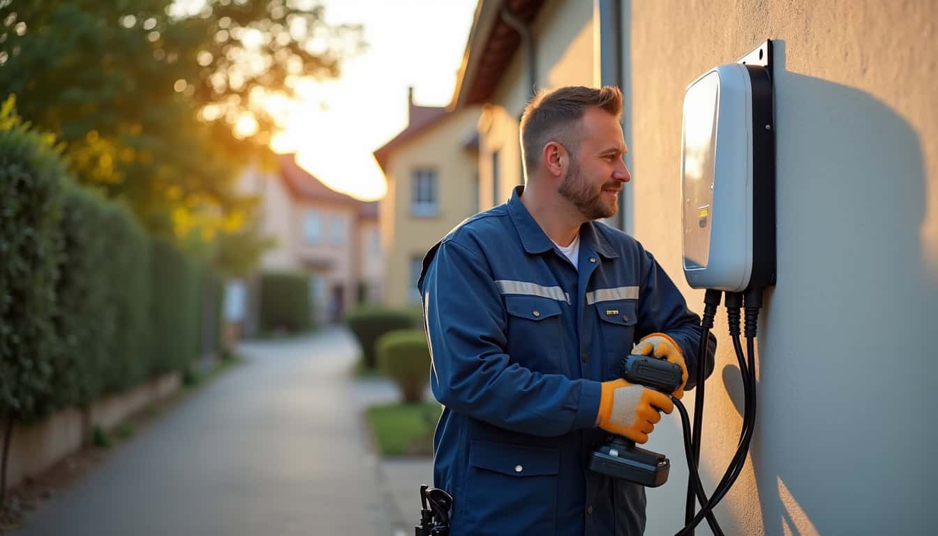 Technicien en train d'installer une borne de recharge électrique à Les Artigues-de-Lussac