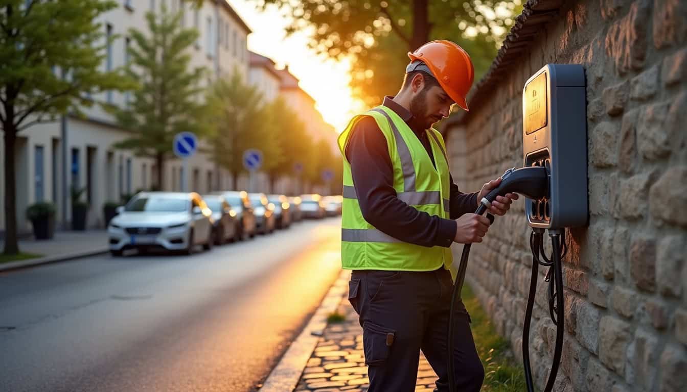 Technicien en train d'installer une borne de recharge électrique à L'Étoile