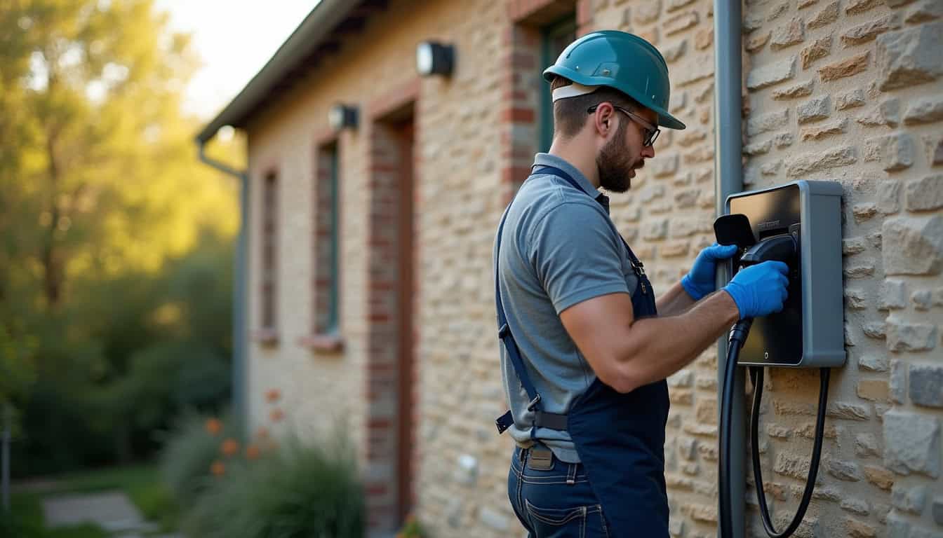 Technicien en train d’installer une borne de recharge électrique à l’extérieur d’un domicile à Remilly Les Marais