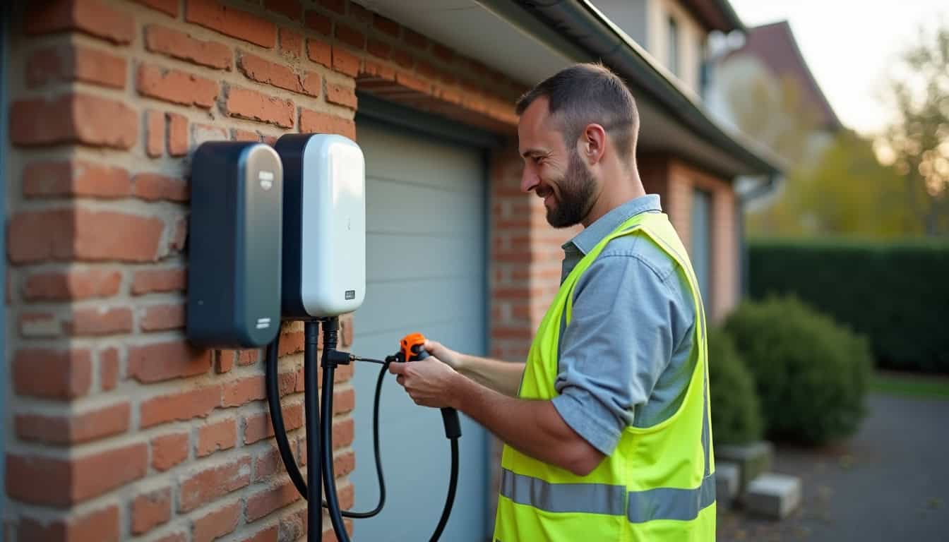 Technicien en train d'installer une borne de recharge électrique à l'extérieur d'une maison à Challuy