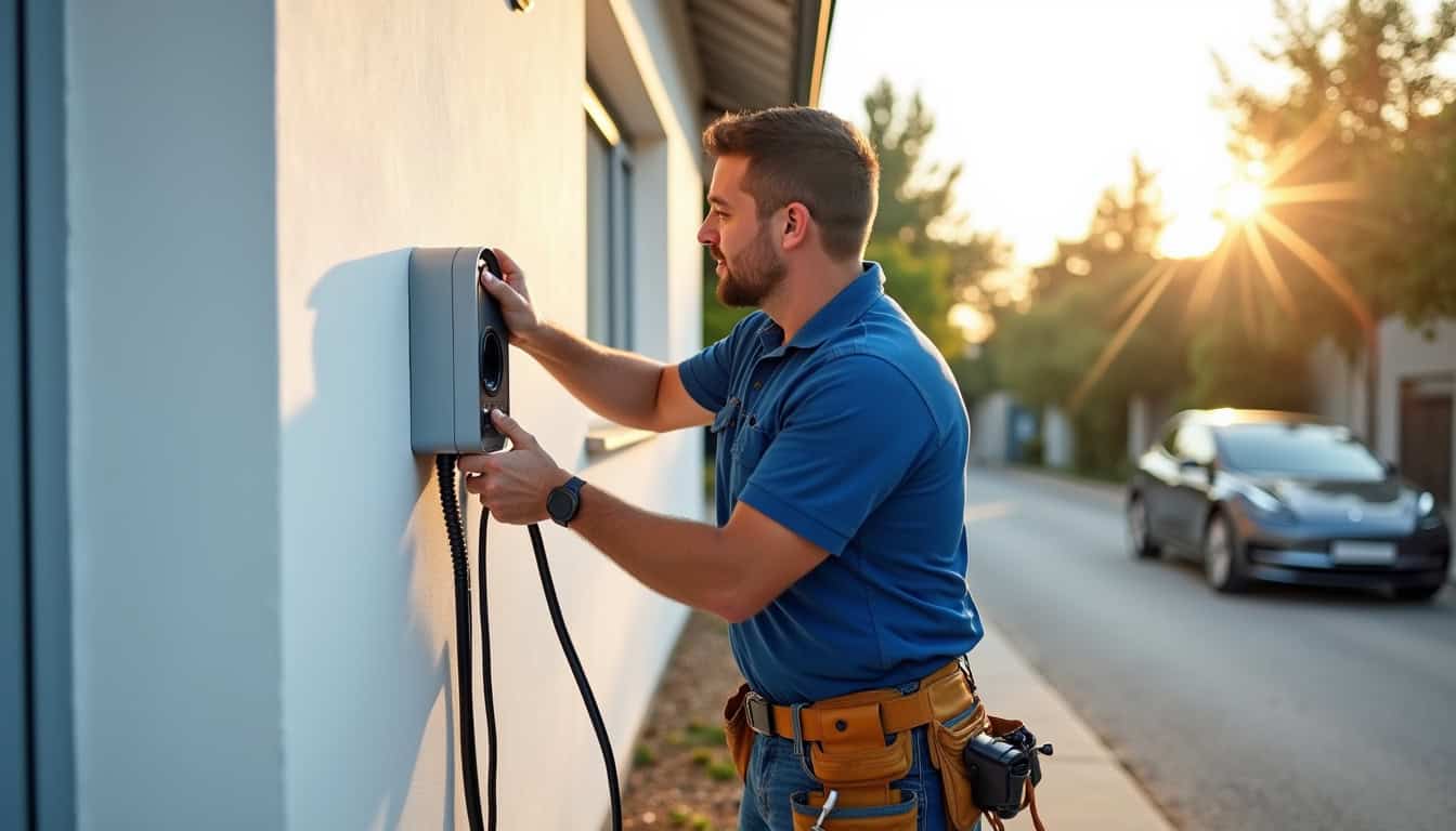 Technicien en train d'installer une borne de recharge électrique à Lombron