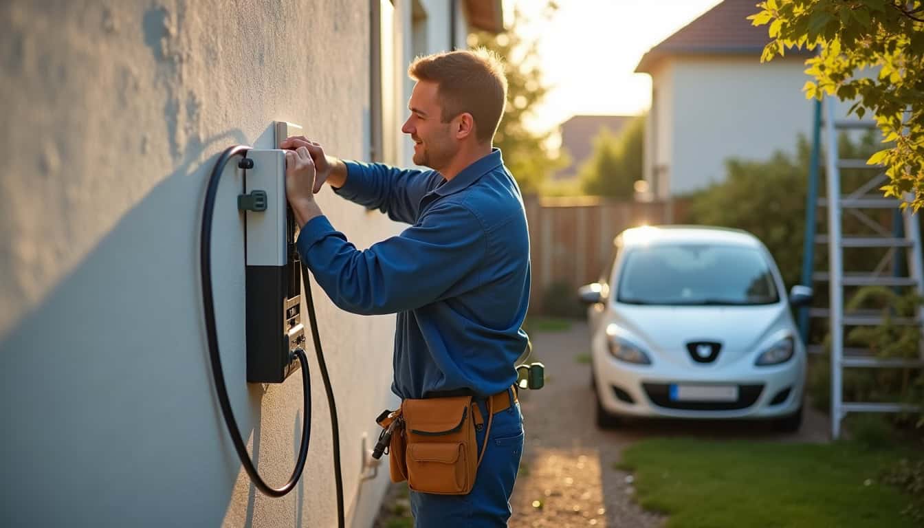 Technicien en train d'installer une borne de recharge électrique à Lunay