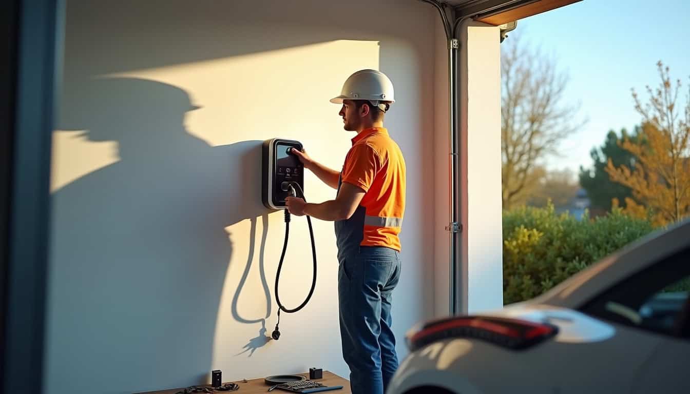Technicien en train d'installer une borne de recharge électrique à Marcelcave