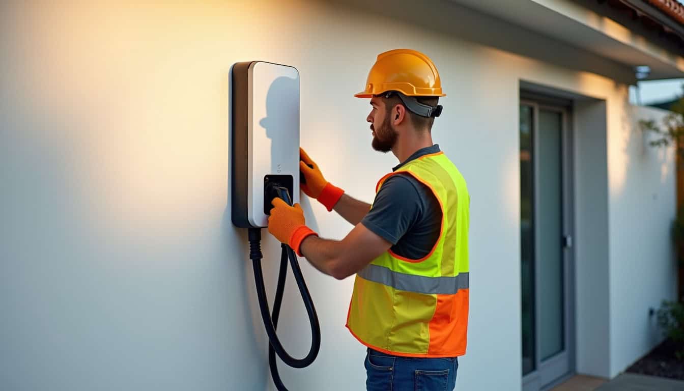 Technicien en train d'installer une borne de recharge électrique à Marconne