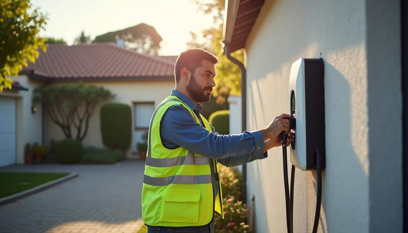Technicien en train d’installer une borne de recharge électrique à Martres-Tolosane