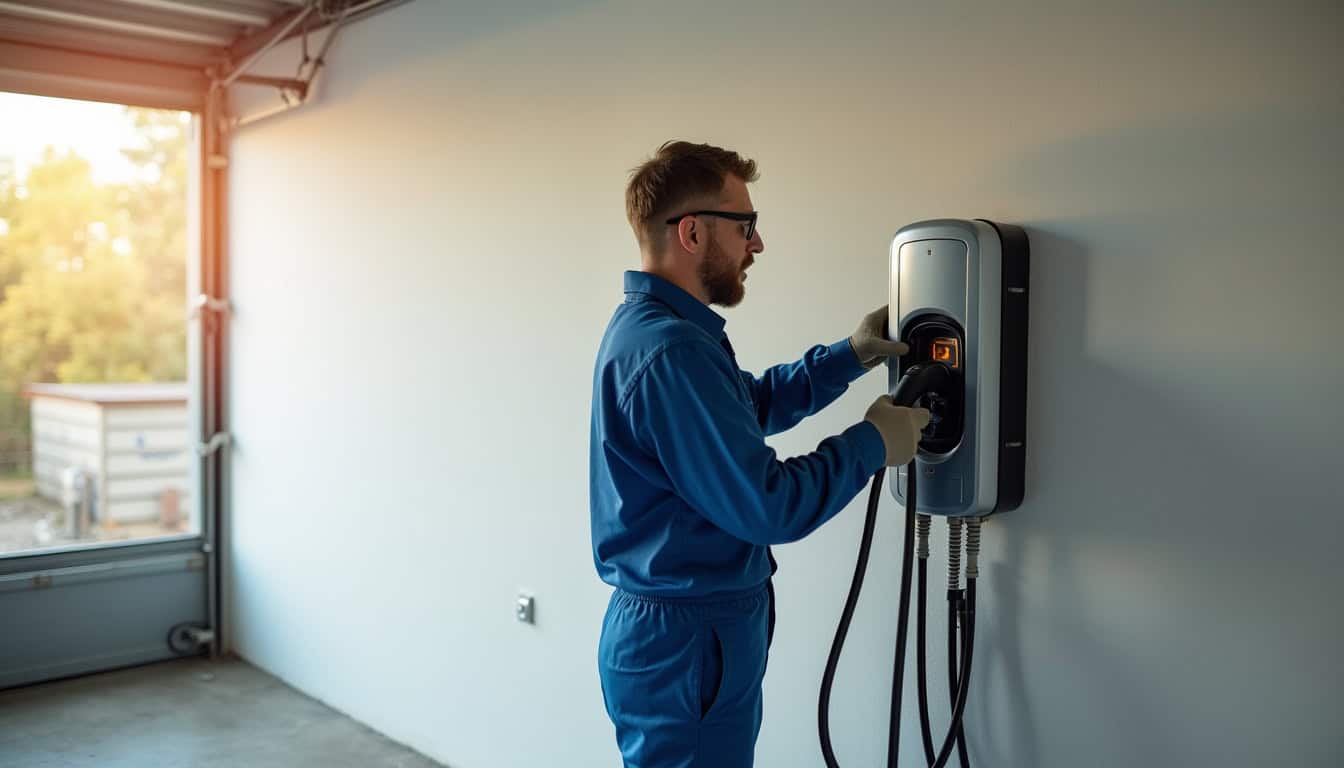 Technicien en train d'installer une borne de recharge électrique à Massy